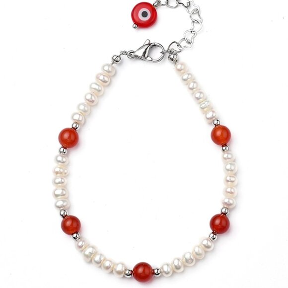 NWOT Natural Fresh water pearl and Carnelian Bracelet with lampwork evil eye - Picture 1 of 4